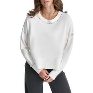 DKNY White Crewneck Stud Trim Split Hem Oversized Long Sleeve Sweater XL NWT